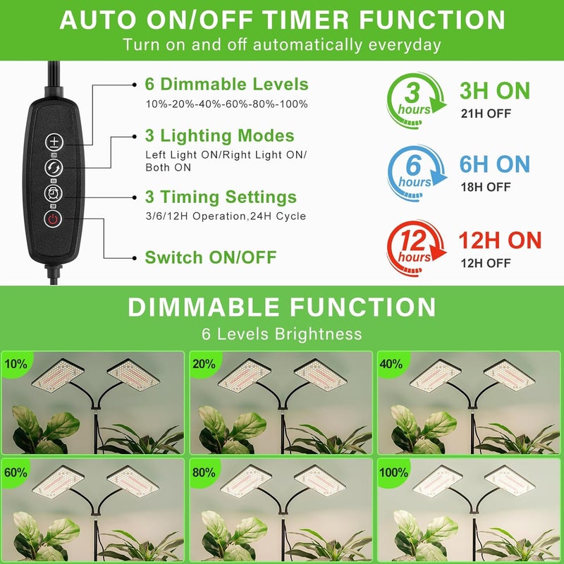 LBW Latest Grow Light for Indoor Plants, 428 LED Dual-Head Full Spectrum Standing Plant Light, Floor Grow Lamp with 3/6/12H Timer, 6 Brightness Levels, 3 Switch Modes, 75" Adjustable Tripod Stand - Image 4